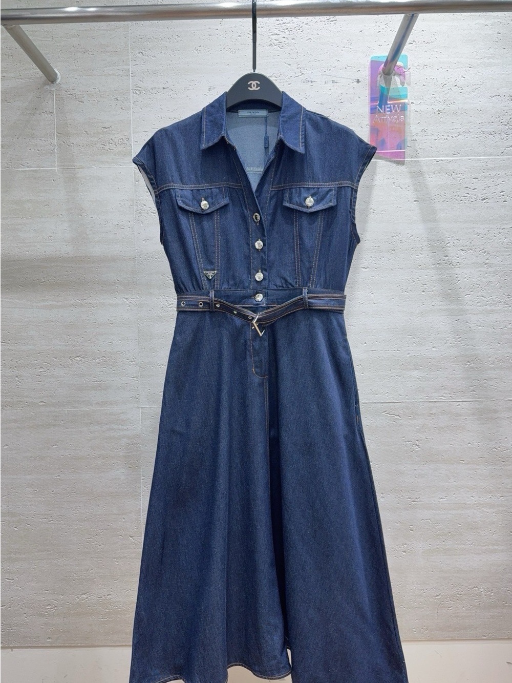 Prada Dark Blue Denim Midi Dress with Belt